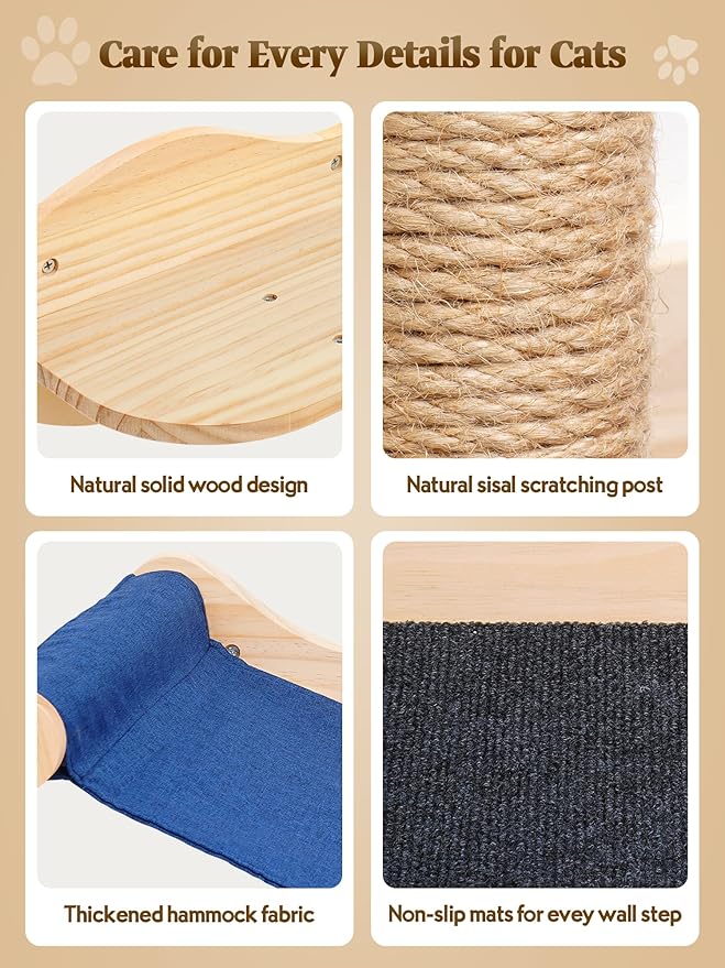 Cat Wall Shelves, Cat Wall Furniture Cat Shelves & Perches for Wall Climbing Cat Wall Steps Set Cat Wall Climber with Cat Hammock, Cat Perch, Sisal Cat Scratching Post