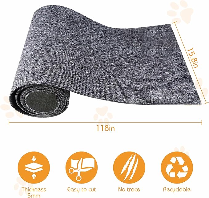 118”x15.8” Trimmable Cat Scratching Post Carpet Cover Cat Scratcher Mat Self-Adhesive Cat Tree Shelves Replacement Parts Mat Cat Scratcher Couch Furniture Protector for Indoor Cats (Black)