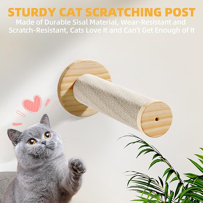 DWVO Cat Wall Shelves and Perches for Wall, Solid Wood Wall Mounted Cat Furniture, Set of 5 Cat Climbing Shelves with Moon Cat House, Cat Bridge Ladder, Cat Hammock and Cat Scratching Post