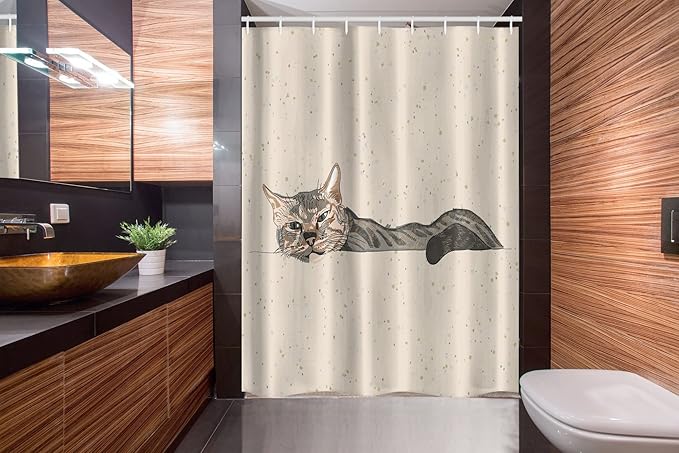 Ambesonne Cat Stall Shower Curtain, Lazy Sleepy Cat in Earth Tones Furry Mascot Indoor Pet Art Illustration, Fabric Bathroom Decor Set with Hooks, 54" W x 78" L, Grey Beige
