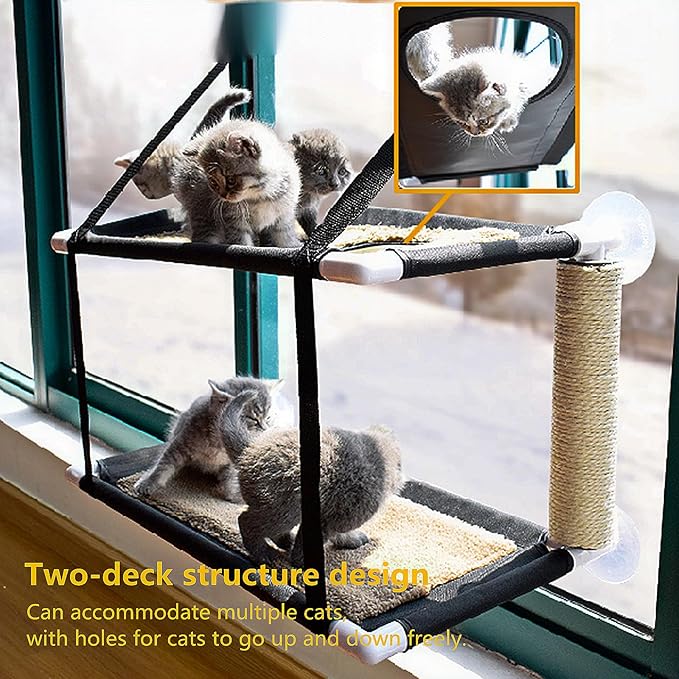 EWES Cat Window Perch Double-Deck with Scratching Post,Cat Window Hammock for Large Cats，Cat Soft Wall Shelves Seat Cat Bed