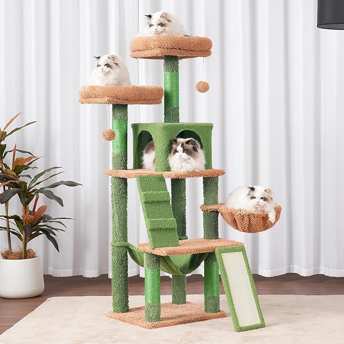 Heybly Cat Tree, Cactus Cat Tower for Indoor Cats,Multi-Level Cat Furniture Condo for Cats with Padded Plush Perch, Cozy Basket and Scratching Board HCT014CA