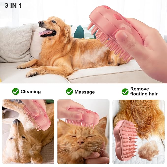 3in1 Cat Steam Brush,Multifunctional Rechargeable Cute Steamy Pet Brush for Short Or Long Hair Cats/Dogs To Massage/Clean/Eliminate Flying&Tangled Hair With USB Cable-Pink Cat Paw