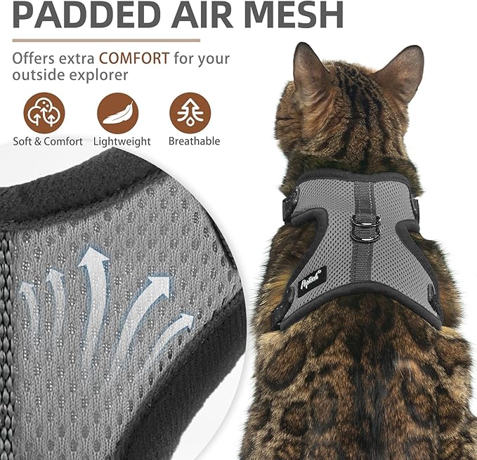 PUPTECK Cat Harness and Leash Set Escape Proof, Reflective Adjustable Soft Mesh Kitten Vest Harness for Walking Travel, Grey, M