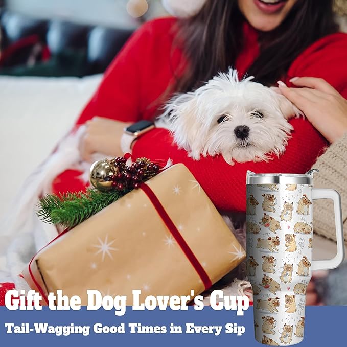 40 Oz Tumbler With Handle and Straw, Double Wall Stainless Steel Pug Coffee Cup, Insulated Mug for Dog Lovers, Dad or Mom Tumbler, Pug Gifts for Women and Men