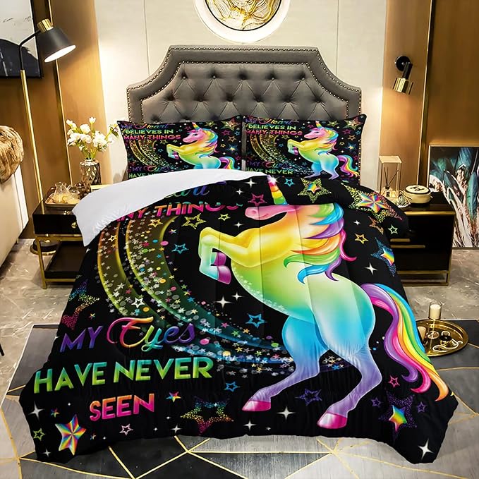 AILONEN Unicorn Comforter Set for Girls Kids Teens, Rainbow Unicorn Bedding Set Twin Size,Colorful Neon Unicorn Printed Quilted Duvet,Cartoon Quilt, Easy Care，1 Comforter 2 Pillowcases 3 Piece