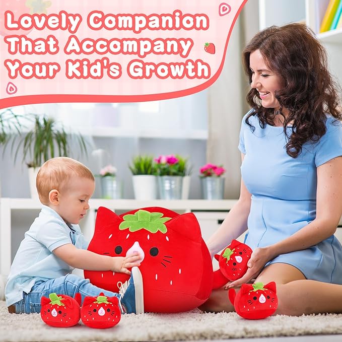 5 PCS Strawberry Cat Plush Stuffed Animal Family-19" Soft Strawberry Cat Plush, Large Mommy Plushies with 4 Baby Kittens Plushies, Kawaii Plushie Toy Christmas Birthday Gifts for Kids Boys