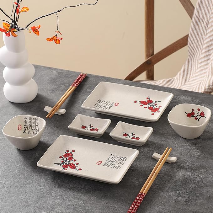 8 pcs Japanese Sushi Plate Sets Serving Platters and Trays for Entertaining Sushi Dishes Set Plates Sushi Plates Traditional Cuisine Dinnerware Sets with Chopsticks Red Plum Blossom
