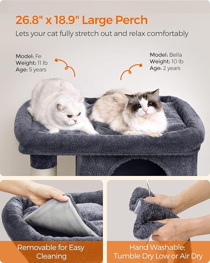 Feandrea Cat Tree, 39.8-Inch Cat Tower, XL, Cat Condo for Extra Large Cats up to 44 lb, Large Cat Perch, 2 Cat Caves, Scratching Post, Smoky Gray UPCT614G01