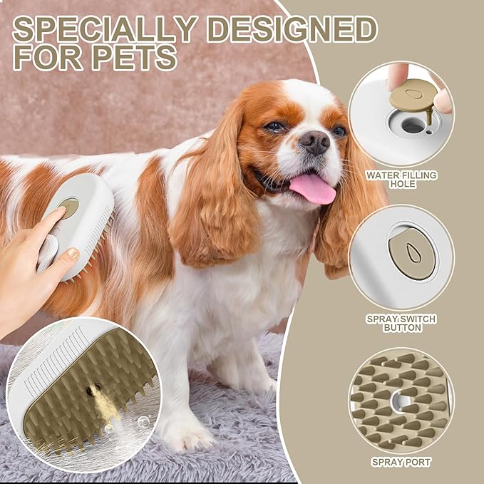 3-in-1 Steam Grooming Brush for Pet Hair Removal - Deshedding Tool for Dogs and Cats, Massages Coat and Removes Tangles