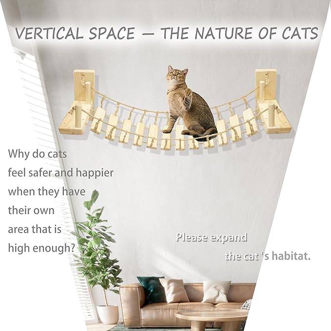 Cat Wall Shelves, Climbing, Wooden Cat Furniture, Cat Shelves and Perches for Wall, Cat Bridge Long for Indoor Cats, Wall Mounted, Playing and Lounging (Length 39in)