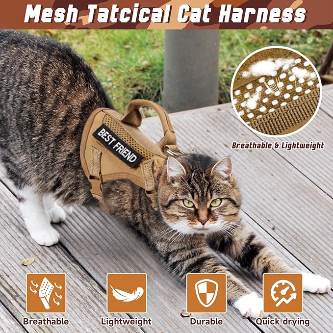 Tactical Cat Harness, Air Mesh Cat Walking Vest Harness Escape Proof, Reflective Large Cat Harnesses with Handle for Adult Fat Cats (Khaki, XL)