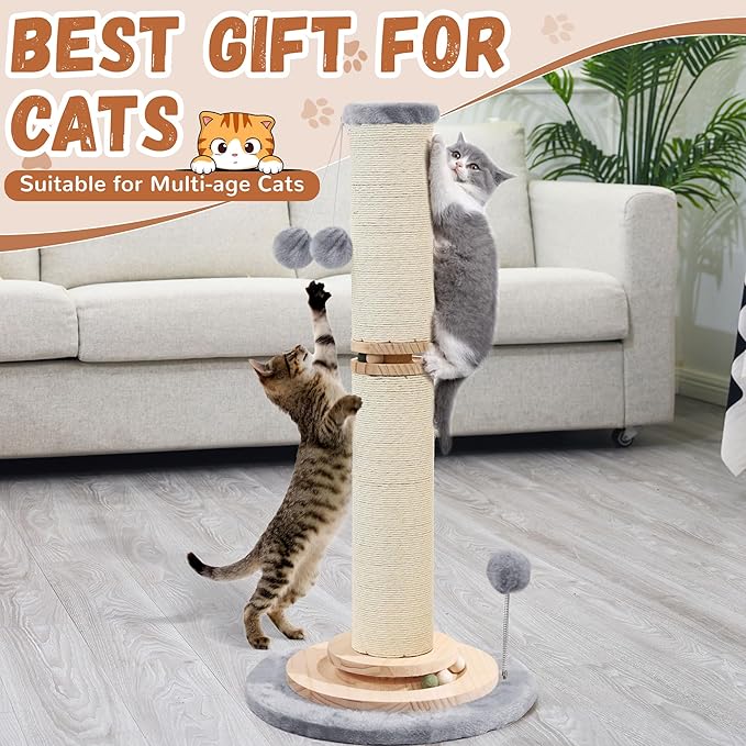 OTOB 33" Tall Cat Scratching Post, 4.3Inch Large Diameter Natural Sisal Rope Scratcher Post, 5-in-1 Interactive Turntable Cat Scratch Post with Soft Hanging Ball Toys for Indoor Large Cats