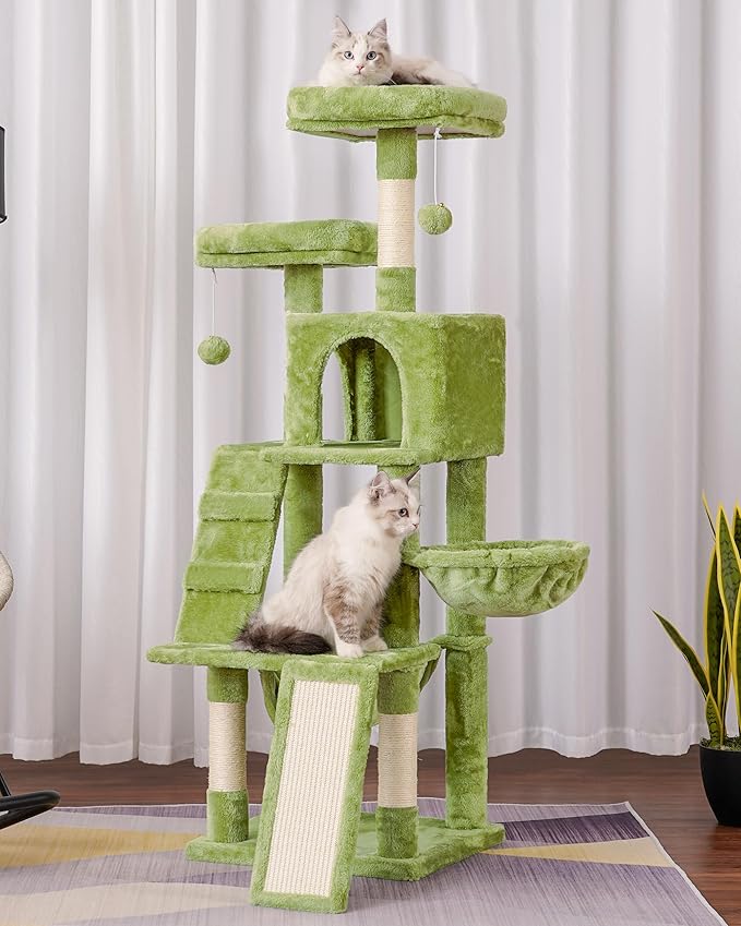 Heybly Cat Tree, Cat Tower for Indoor Cats,Multi-Level Cat Furniture Condo for Cats with Padded Plush Perch, Cozy Basket and Scratching Board Smoky Green HCT014GR