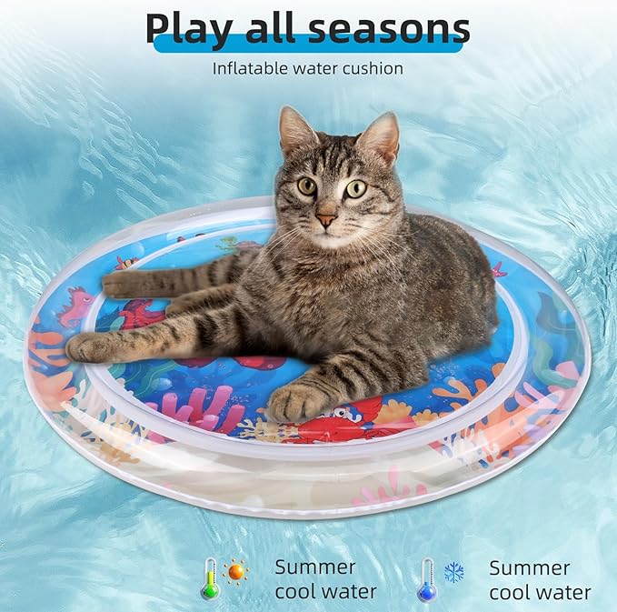Interactive Sensory Water Play Mat for Cats & Kids - 2024 Cool Comfort Inflatable Tummy Time Mat with Thickened Water Sensor Technology (Round)
