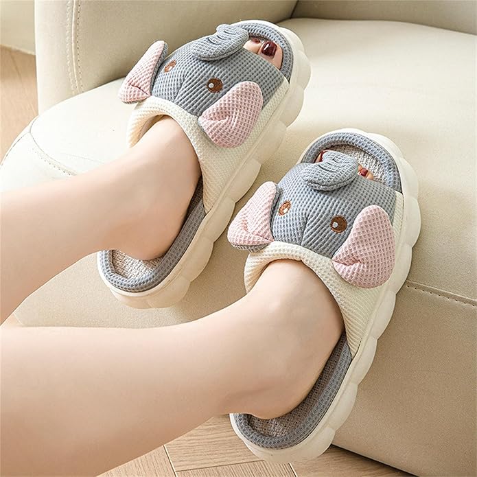 AZCHEN Women's Animal Cartoon Pig Slippers - Cute and Comfortable Linen Plush Slippers for Home