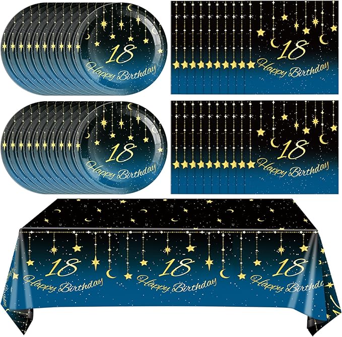 18th Birthday Party Decorations, 41Pcs Starry Sky Party Tableware Set Includes 20 Plate 20 Napkins and 1 Tablecloth, 18 Years Old Birthday Theme Party Supplies for Boys Girls Birthday Party Favors