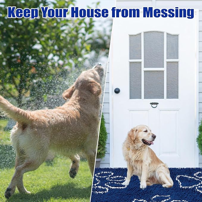 EXPAWLORER Dog Door Mat for Muddy Paws - Highly Absorbent Microfiber Dog Rug, Soft Chenille Dog Runner Rug Indoor Outdoor Floor, Non-Slip Large Pet Paw Cleaning Washable Mud Mat for Bathroom, Blue