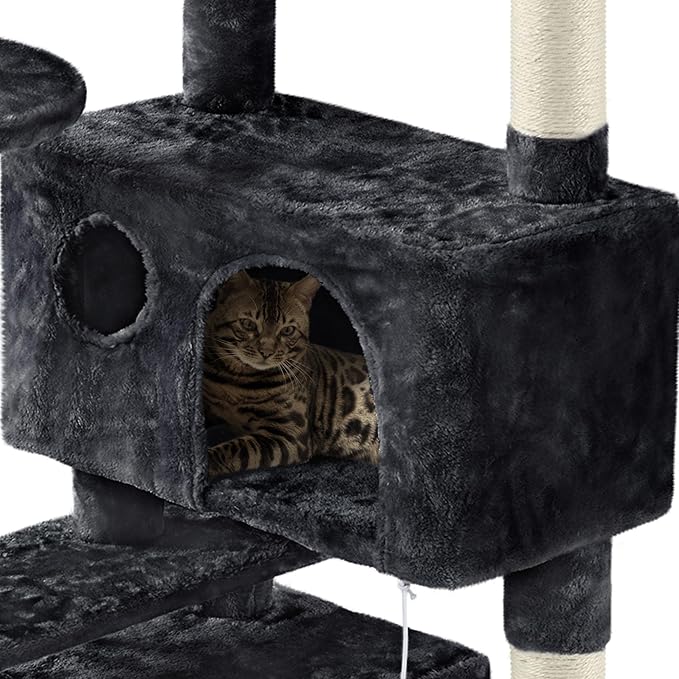 Yaheetech 62in Cat Tree Cat Tower for Indoor Cats, Cat Furniture w/Double Cat Condo, Scratching Posts, Multiple Platforms and Balls for Kittens & Cats, Black