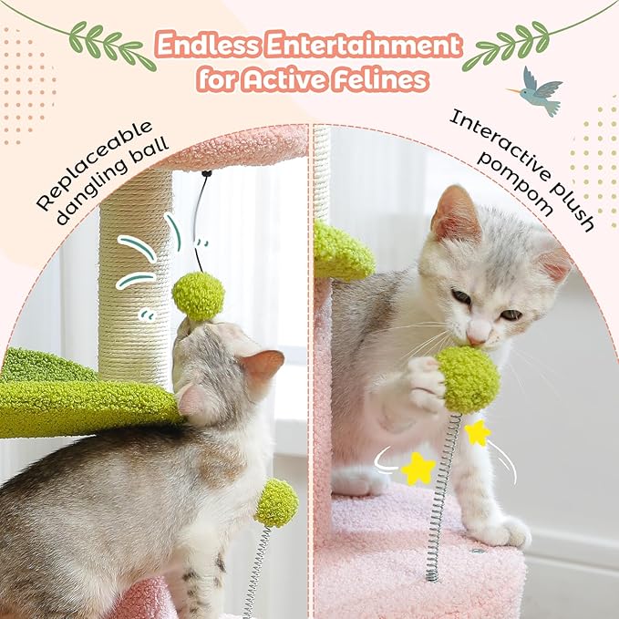 PAWZ Road Flower Cat Tree Pink 32” Small Cat Tower Cat Scratching Post with Curved Perch, Cozy Cat Condo Removable Flower Bed for Kittens and Small Cats-Pink