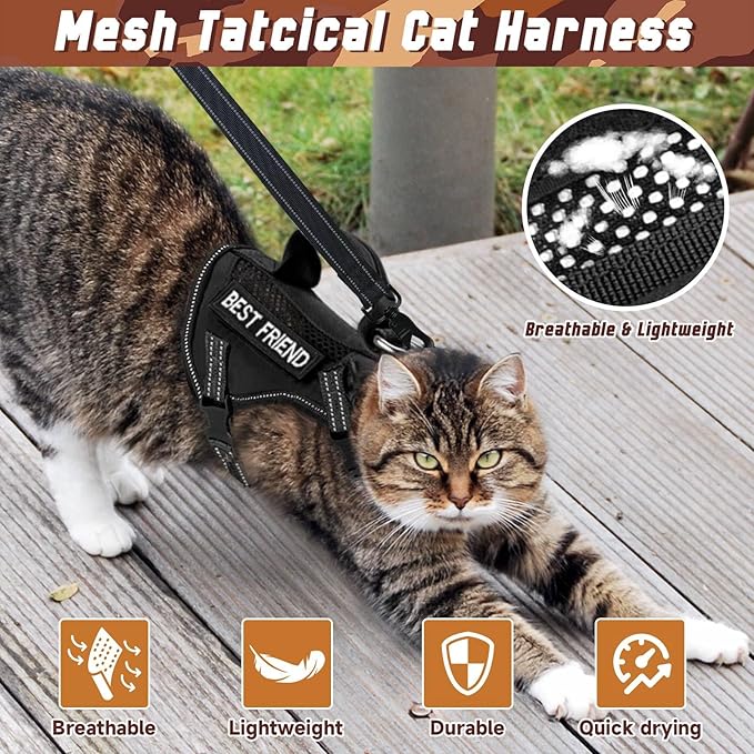 Tactical Cat Harness Leash, Air Mesh Cat Walking Vest Harness Escape Proof, Reflective Large Cat Harnesses with Handle for Adult Fat Cats (ABlack, XL)