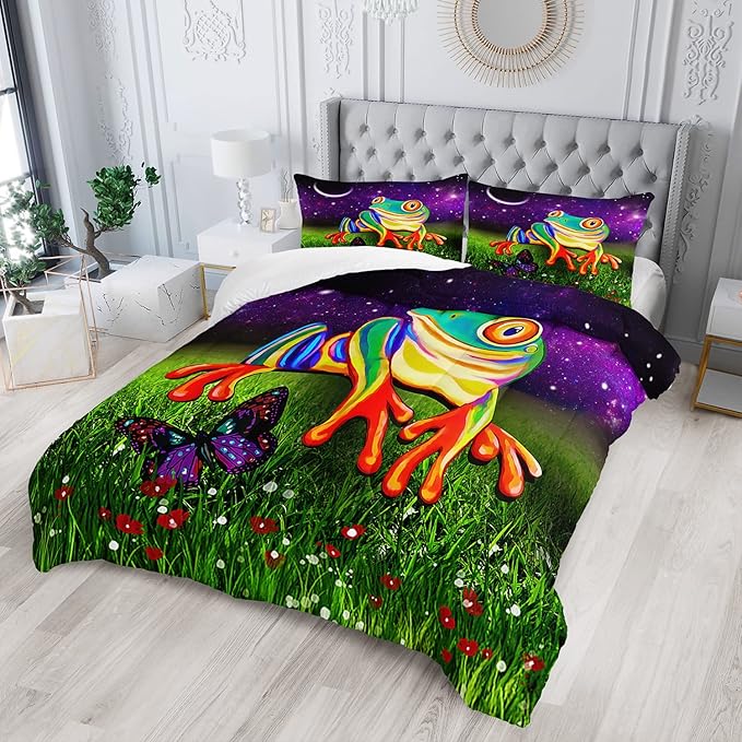 AILONEN Frog Comforter Set, Cartoon Frog Bedding Set Queen Size,Color Tie Dye Quilted Duvet for Teens Boys Kids Girls,Microfiber Fabric,1 Comforter 2 Pillowcases 3 Piece