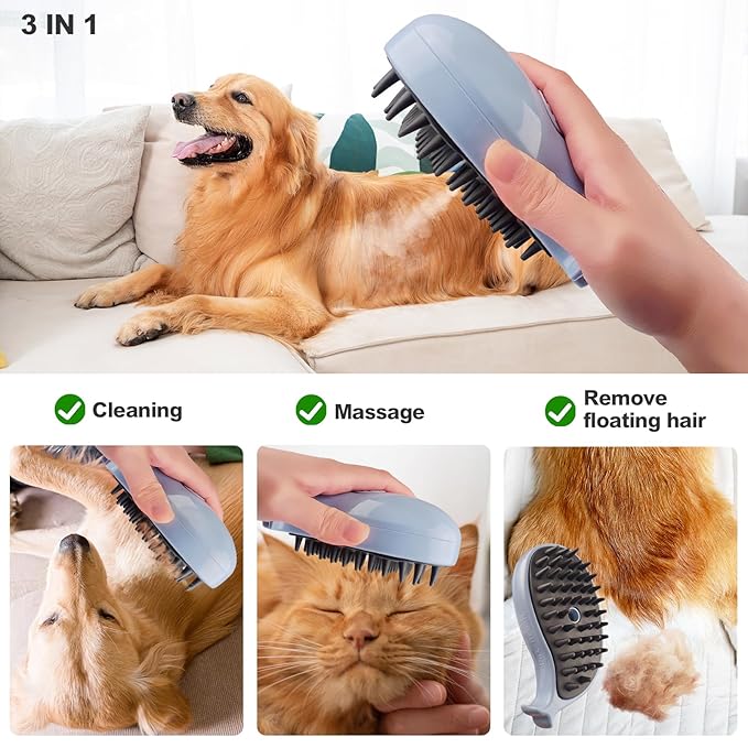3in1 Cat Steam Brush,Multifunctional Rechargeable Cute Steamy Pet Brush for Short Or Long Hair Cats/Dogs To Massage/Clean/Eliminate Flying&Tangled Hair With USB Cable-Blue Whale