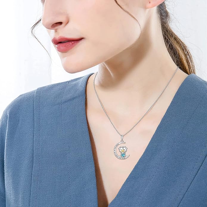 925 Sterling Silver Pig/Koala/Frog/Cat Horse Necklace I Love You to the Moon and Back Cute Animal Love Heart Moon Pendant Necklaces Jewelry Birthday Gifts for Women Best Friends