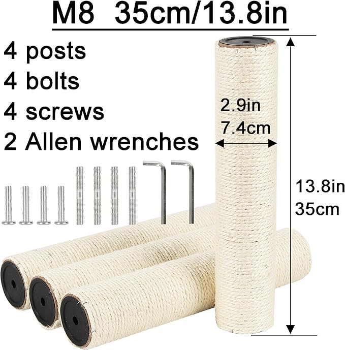4 Pcs 2.9in 7.4cm Diameter Cat Tree Scratching Post Sisal Replacement Pole Parts (M8, 13.8in/35cm)