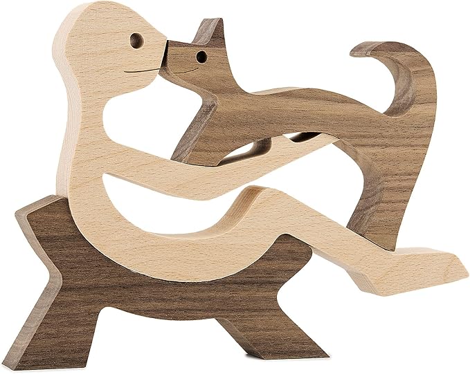 Animal Decor Wooden Statue Man and Cat Figurines Decor Carved Wood Decorative Sculpture