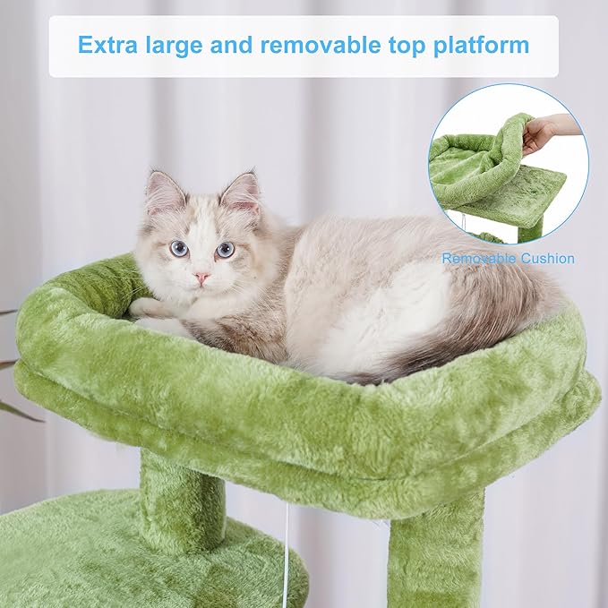 Hey-brother Cat Tree with Scratching Board, Cat Tower with Padded Plush Perch and Cozy Basket, Multi-Platform for Jump, Green MPJ005GR
