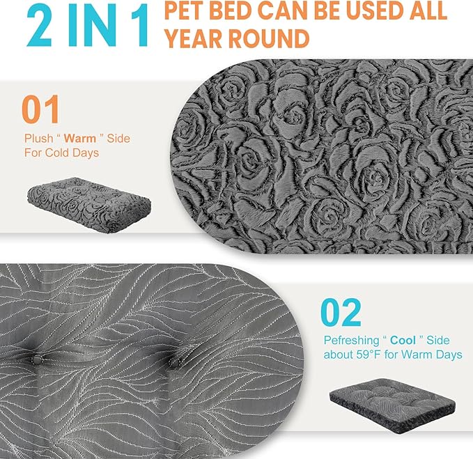 2 in 1 Dog Bed Crate Pad Mat Washable Reversible (Cool & Warm) Soft Fluffy Pet Kennel Beds for Large Medium Small Puppy Cat Sleeping Mattress Machine Wash Dog Cooling Mats (Dot Dark Grey, 35" 23")