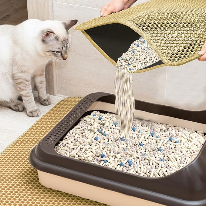 2025 𝗡𝗘𝗪 Waterproof Cat Litter Mat | Double Layer EVA, Odor-Free Large Grid | Urine Proof & Easy Cleanup | Soft on Paws | Versatile Design for Litter and Feeding (Khaki, 12×19)