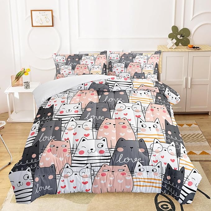 AILONEN Funny Cute Kitten Comforter Set - Twin Size, 3-Piece Hearts Cat Bedding with 2 Pillowcases, All Season