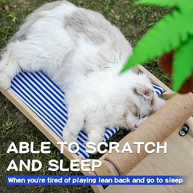 Beach Chair Cat Hammock with Scratch-Roller, Natural Solid Wood Elevated Cat Beds for Indoor Cats, Cozy Cat Lounge, XL-Wooden Beach-Sling-Chair for Kittens and Large Adult Cats, 23.6”×11.8”×7.9”