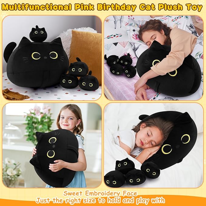 Auspicious beginning 19'' Black Cat Plush 5PCS Cat Family PlushToys,Cute Black Cat Mommy Cat with 4 Baby Kittens Cat Plushies for Kids, Kawaii Birthday Gifts for Kids Boys Girls