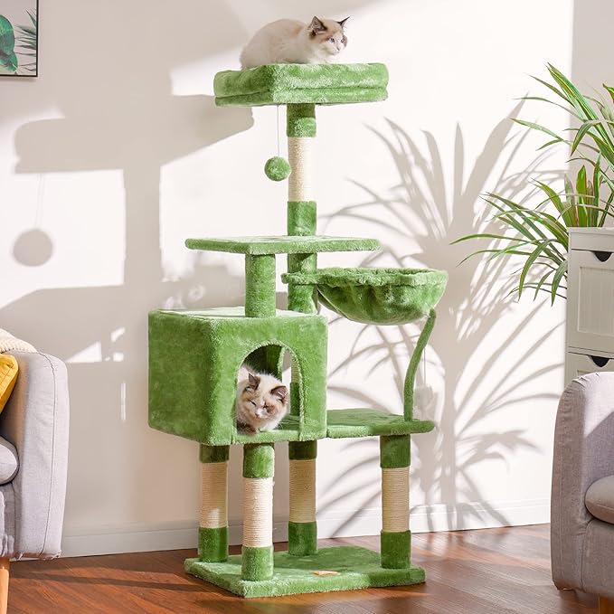 Heybly Cat Tree with Toy, Cat Tower condo for Indoor Cats, Cat House with Padded Plush Perch, Cozy Hammock and Sisal Scratching Posts, Green HCT004GR