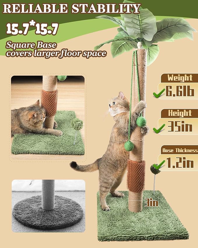 ANWA 35" Tall Cat Scratching Post for Kitten and Large Cats, Scratching Post for Indoor Cats with Self-Grooming Rubber Brush, Cat Sisal Post with Simulated Leaves