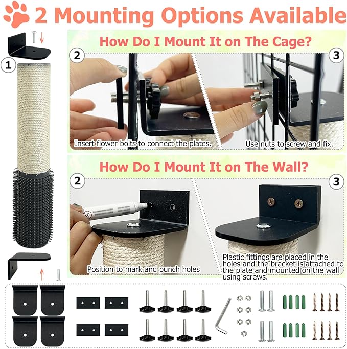 Cat Scratching Post Wall Mounted 2 Pack Cage Mount Cat Scratcher 2-in-1 Natural Sisal Kitty Scratch Posts with Self Groomer Massager for Scratch and Climbing 15.7x2.7in (White)