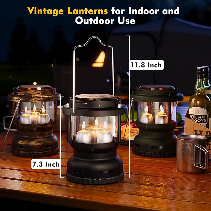 3-Wick Emergency Candle Lantern for Power Outages [18H+ Burning Time] Vintage Decorative Candle Lantern for Real Candles, Outdoor Portable Camping Survival Lighting [7.1"*5.7" - Matte Black]