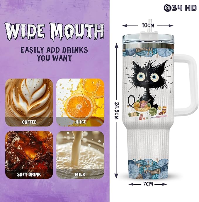 34HD Black Cat Tumbler with Handle & Straw, 40oz Vacuum Insulated Cat Coffee Cup, I Crochet So I Dont Choke People Mug, Crochet Lover Gifts for Birthday Mothers Day Christmas