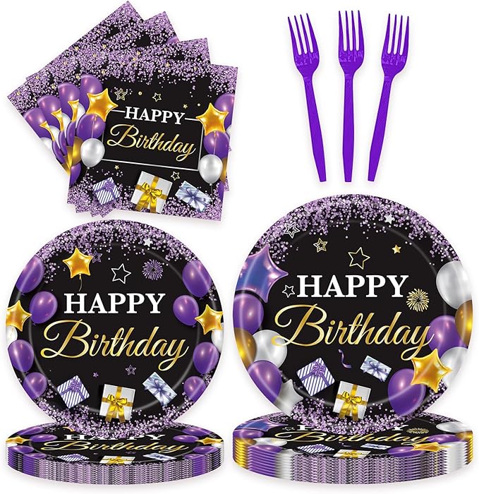 96 Pcs Purple Party Plates and Napkins Decorations Tableware Set Supplies Disposable Paper Dessert Birthday Table Dinnerware Favors Set, Serves 24 Guests