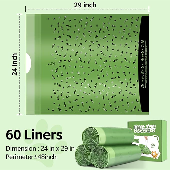 60 Counts Self Cleaning Litter Box Bags with Drawstring, Compatible with Litter-Robot 3 and 4, 24" x 29" Heavy Duty Cat Litter Box Liners Waste Bags Replacement