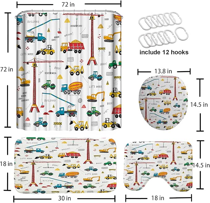 4 Pcs Excavator Kids Shower Curtain Sets, Tractor Machinery Trucks, Construction Vehicle Shower Curtain for Boys, Bulldozer Crane Bath Curtain Equipment Truck Shower Curtain Set, 72x72in