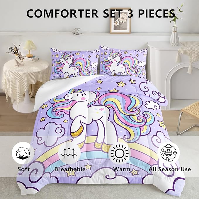 Axolotl Rainbow Unicorn Bedding Set Full,Purple Unicorn Kids Comforter Sets with Stars Cloud for Girls,1 Quilt with 2 Pillowcases for Girls Kids Teens Children Adults Bedroom Decor All Season