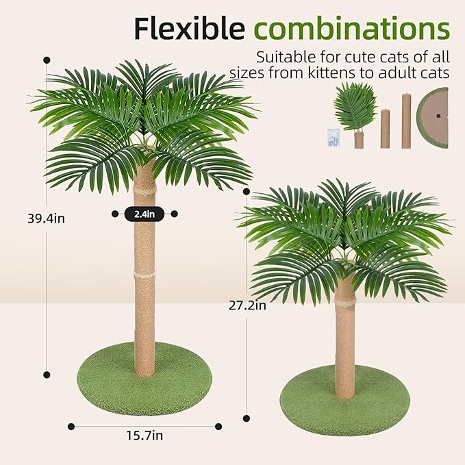 Cat Scratcher with Sisal Rope 39.4 inch Tall Cat Tree for Indoor Cats Large Adult Cat Scratching Post,Cute Kitten Cat Scratching Posts in Palm Tree