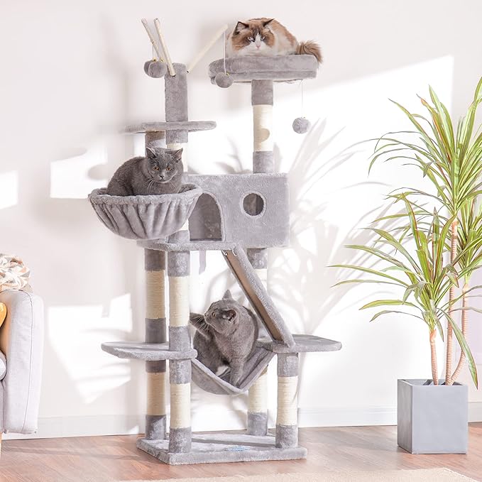 Hey-brother Cat Tree, 61 inch Cat Tower for Indoor Cats, Cat House with Padded Platform Bed, Toy Balls, Large Cozy Condo, Hammocks and Sisal Scratching Posts, Light Gray MPJ019W