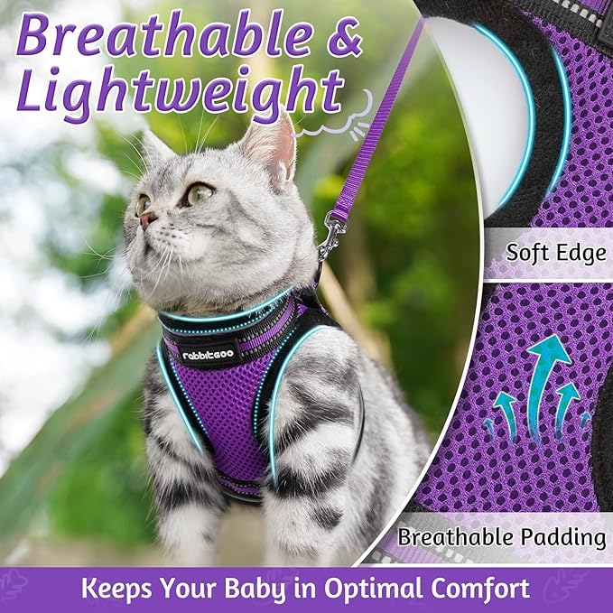 rabbitgoo Cat Harness and Leash Set for Walking Escape Proof, Adjustable Soft Kittens Vest with Reflective Strip for Cats, Comfortable Outdoor Vest, Purple, XL