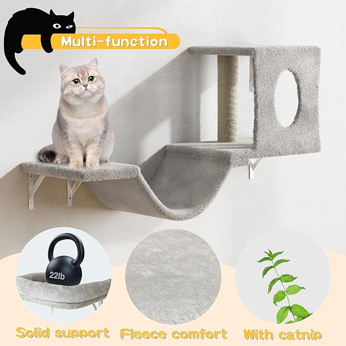 Wall Mounted Cat Furniture, 6pc Cat Wall Furniture, Cat Climber with Cat House, Bridge, Tree, Steps, and Scratcher, DIY Cat Walls Playground, Cat Shelves for Indoor Wall Furniture Set - Grey