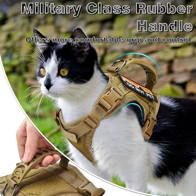 Tactical Cat Harness and Leash for Walking Esacpe Proof,Adjustable Soft Mesh Large Cat Vest with Rubber Handle Easy to Control,Molle Patches